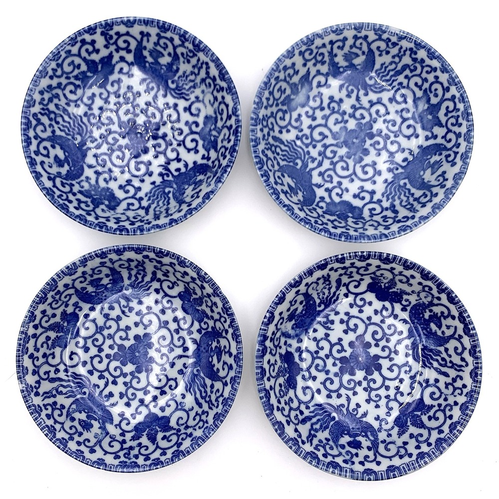 4 Morimura Phoenix Flying Turkey Blue & White 6.5" Porcelain Bowls Japan 20s-30s
